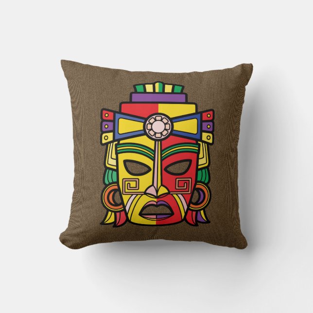 Coussin Masque maya d'Inca aztèque coloré (Recto)
