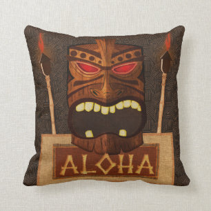Coussin Masque Tiki en bois Vintage Retro Luau Été