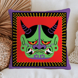 Coussin Masque vert de Yokai Kami japonais sur fond maxima