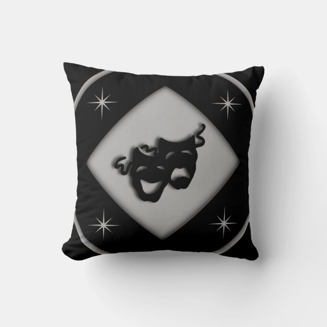 Coussin Masques de théâtre grec Noir et Gris Étoiles   (Recto)