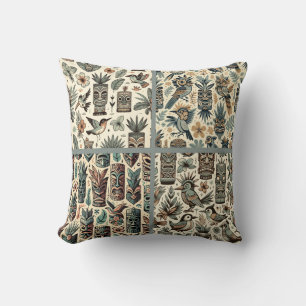 Coussin Masques Tiki et Oiseaux Tropicaux Vintage Gris Ver
