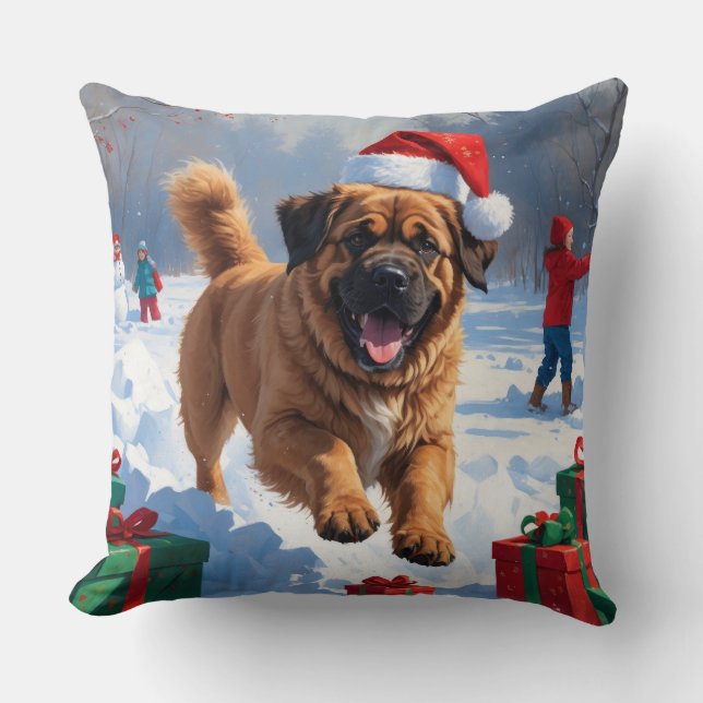 Coussin Mastiff Tibétain Courant dans la Neige avec un Cha (Recto)