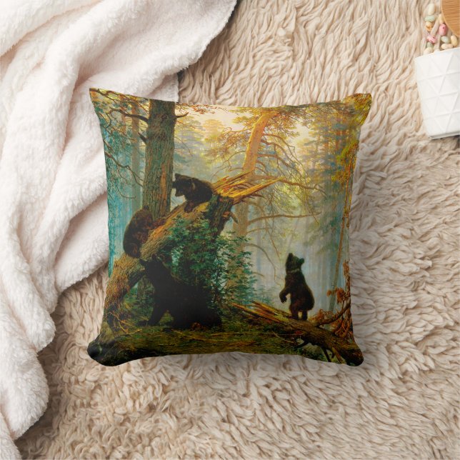 Coussin Matin dans une forêt de pins Ours avec oursons Shi (Couverture)