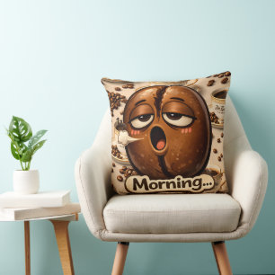 Coussin Matin, grain de café drôle et endormi, relatif au 