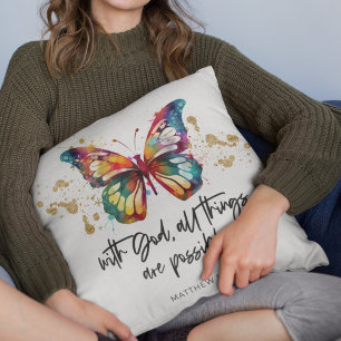 Coussin Matthieu 19:26 Tout est possible papillon