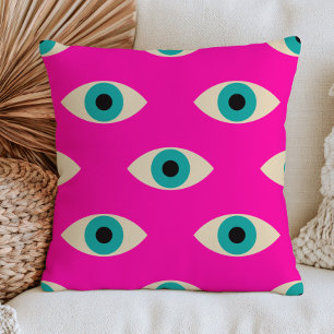 Coussin Mauvais Œil Bleu sur Funky Maximaliste Rose Chaud