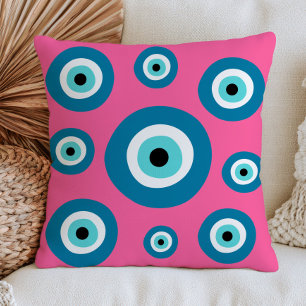 Coussin Mauvais Œil Turquoise sur Nazar Bohème Rose Pastel
