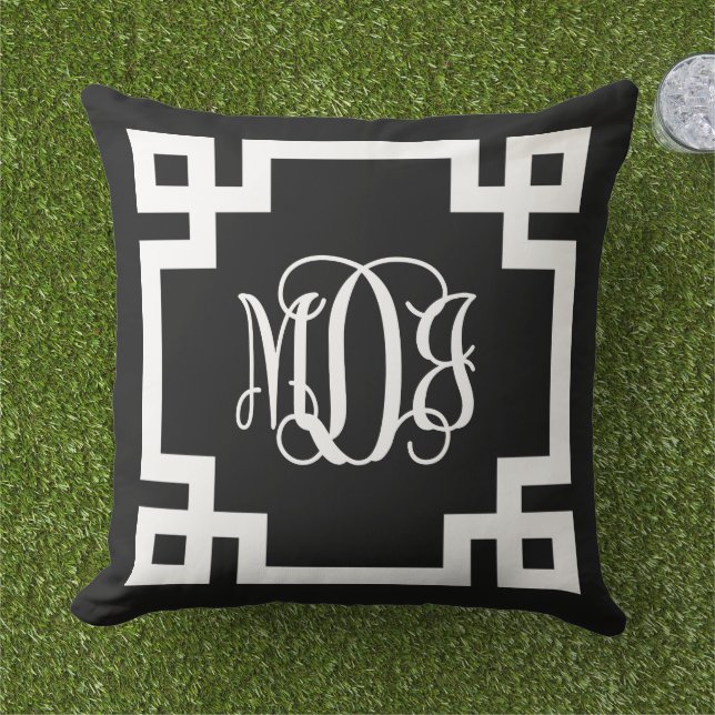 Coussin MDJ noir et blanc clé grecque Monogramme de script (Herbe)