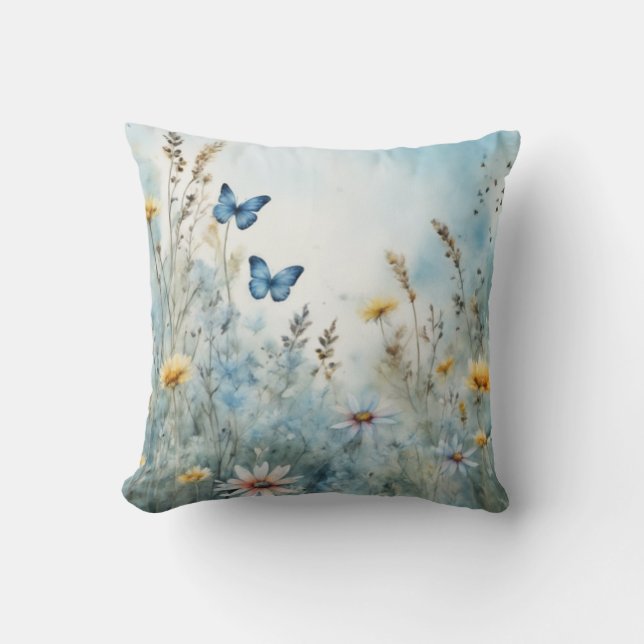 Coussin Meadow Muse | Papillon et aquarelle Fleur sauvage (Recto)