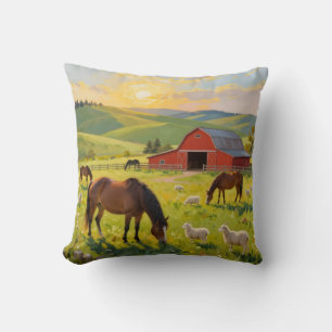 Coussin Meadowlight Morning – Paysage pastoral de grange