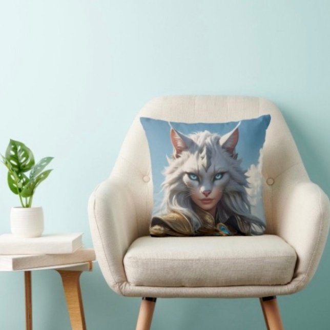Coussin Méchante Chatte aux Yeux Bleus (Throw Pillow 100% polyester heavyweight stretch material. Hidden zipper Made in the USA.
)