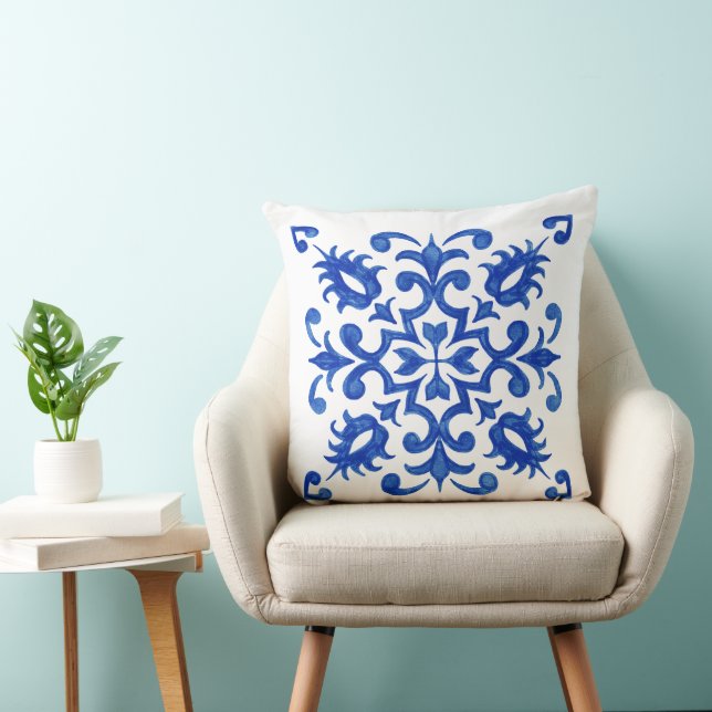 Coussin Médaillon central rond en carreau bleu portugais (Chaise)