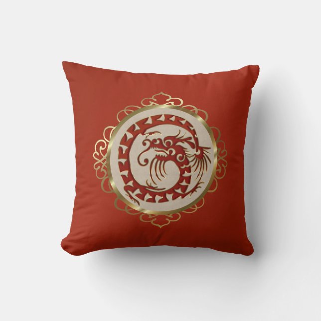 Coussin Médaillon de dragon rouge et d'or Pillow (Recto)