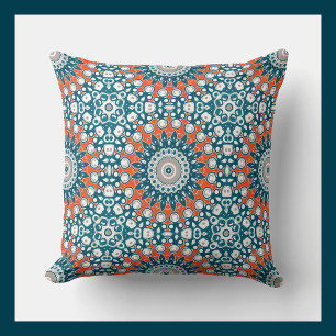 Coussin Médaillon de kaléidoscope bleu et orange Mandala