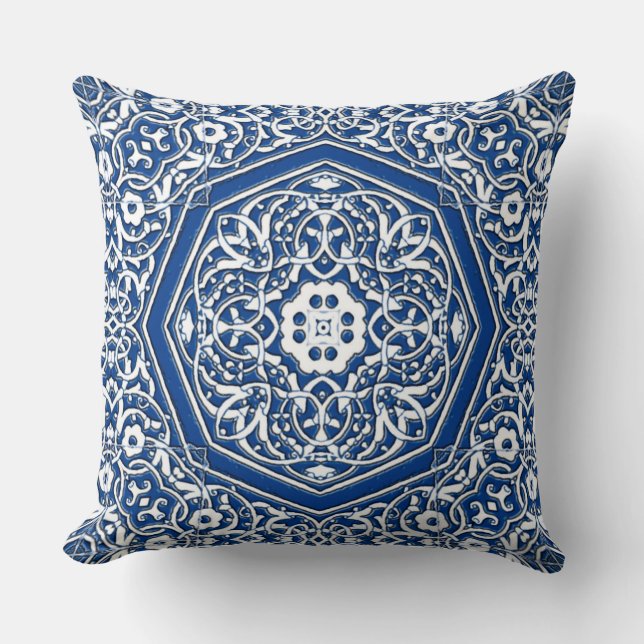Coussin Médaillon en Motif de tuiles persanes - Bleu et bl (Recto)