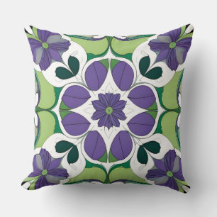 Coussin Médaillon Floral Géométrique Botanique Vert Pourpr