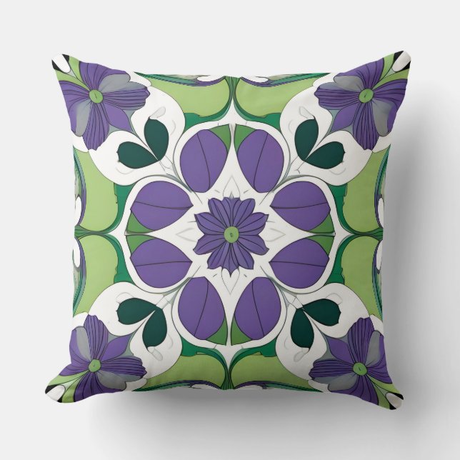 Coussin Médaillon Floral Géométrique Botanique Vert Pourpr (Recto)