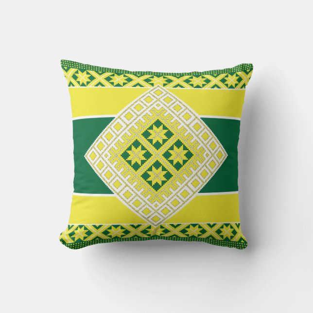 Coussin Médaillon géométrique vert jaune art populaire let (Recto)