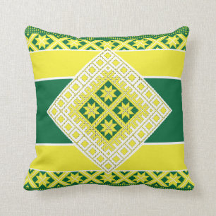 Coussin Médaillon géométrique vert jaune art populaire let