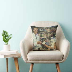 Coussin Médecine vintage, pharmacien et fille à la pharmac