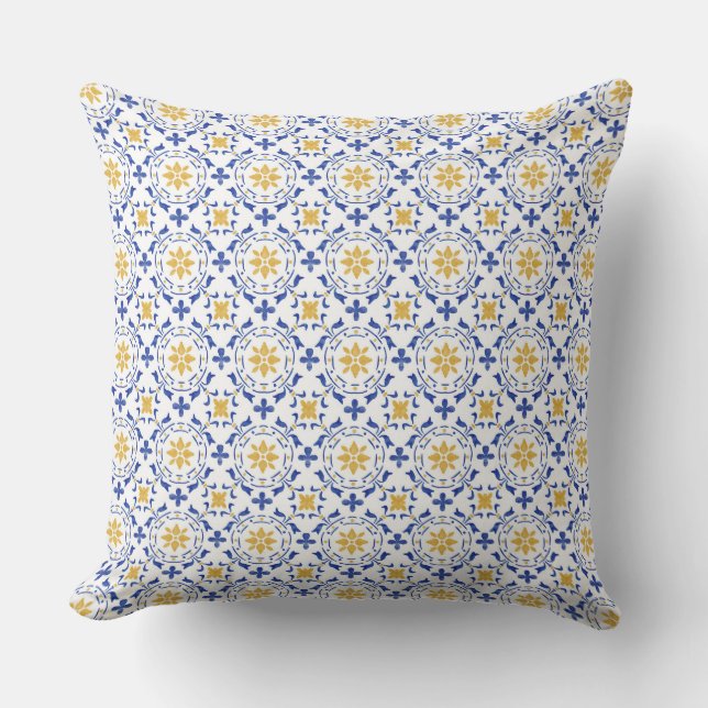 Coussin Mediterranean Blue & Yellow Tile Throw Pillow (Recto)