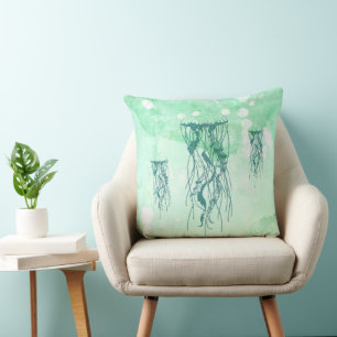 Coussin Méduse nautique verte aquarelle