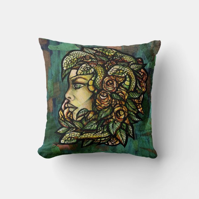 Coussin Méduse verte Serpent Rose Gorgone                  (Recto)