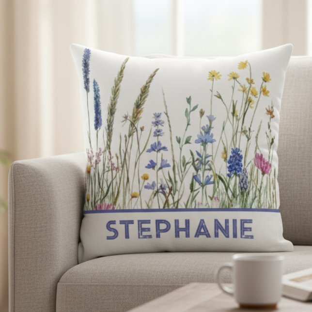 Coussin Meilleur Ami Anniversaire Fleur Sauvage Botanique  (Watercolor wildflower meadow pillow—charming birthday gift idea for a best friend's new apartment.)