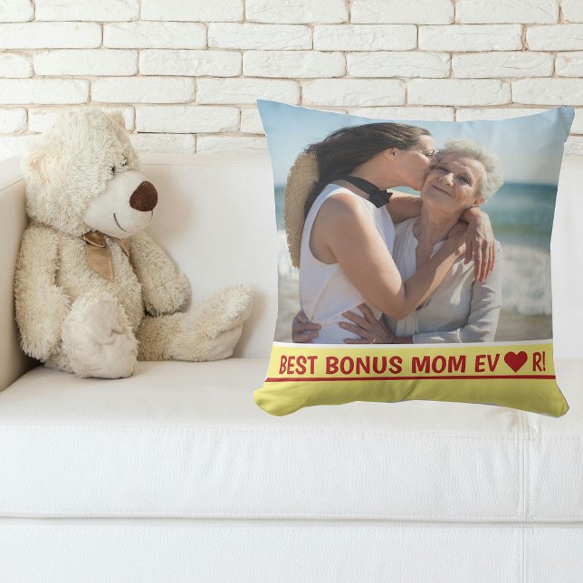Coussin Meilleur Bonus Maman Jamais Photo Coeur Fête des M (Best Bonus Mom EVER! Heart. Simple, Minimalist,  Modern Mother's Day gift for Stepmom / Second Mom)