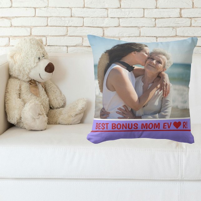 Coussin Meilleur Bonus Maman Jamais Photo Coeur Fête des M (Best Bonus Mom EVER! Heart. Simple, Minimalist,  Modern Mother's Day gift for Stepmom / Second Mom)