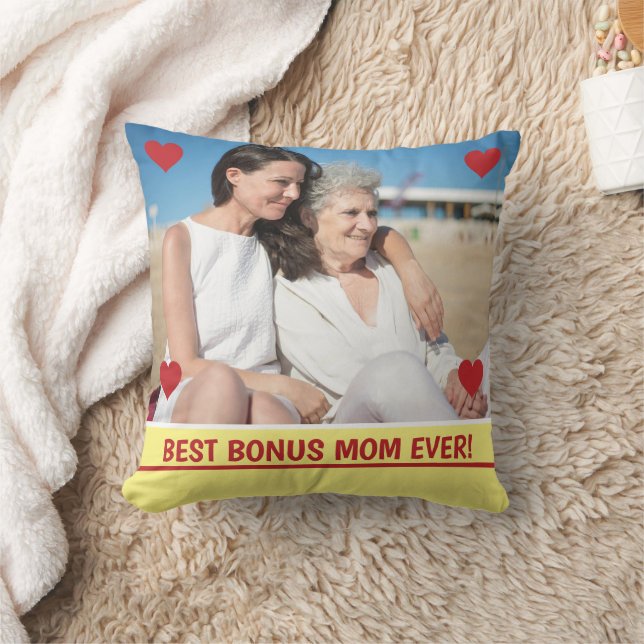 Coussin Meilleur Bonus Maman Jamais Photo Coeurs Fête des  (Couverture)