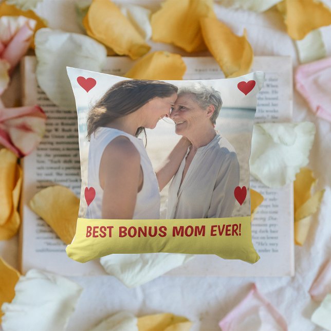 Coussin Meilleur Bonus Maman Jamais Photo Coeurs Fête des  (Best Bonus Mom EVER! Hearts on Personalized Photo. Modern Mother's Day gift for Stepmom / Second Mom)
