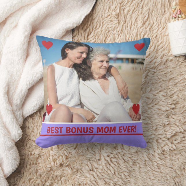 Coussin Meilleur Bonus Maman Jamais Photo Coeurs Fête des  (Couverture)