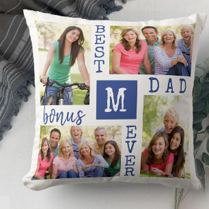 Coussin Meilleur Bonus Papa Jamais 4 Photo Bleu Blanc Mono