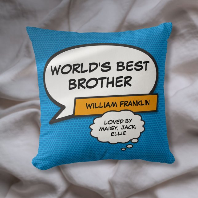 Coussin Meilleur Frère au Monde Bande Dessinée Typographiq (World's Best Brother Fun Comic Typographic Blue Throw Pillow)