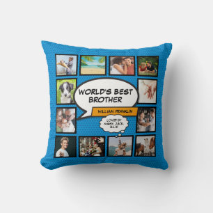 Coussin Meilleur Frère du Monde Photomontage Bleu Drôle Ba