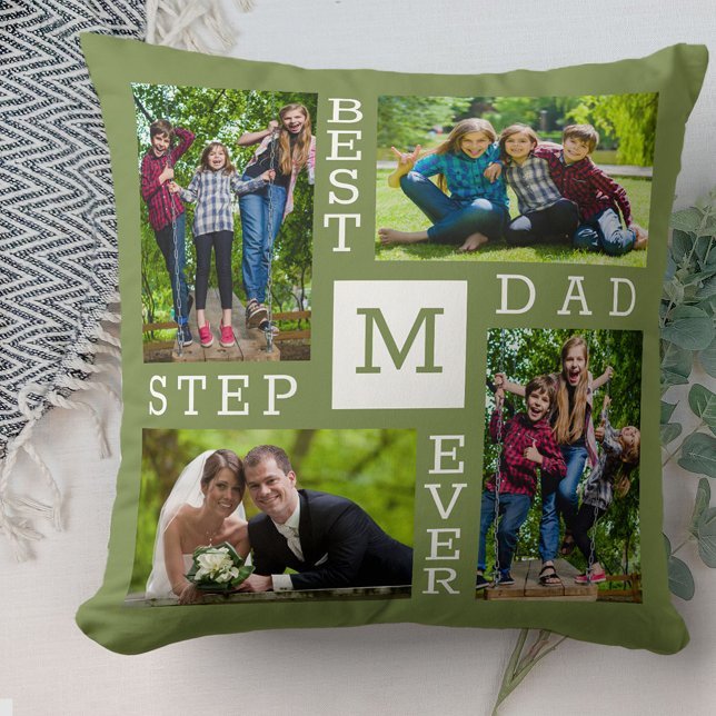Coussin Meilleur Stepdad Ever 4 Photo Vert Blanc Monogramm (Créateur téléchargé)