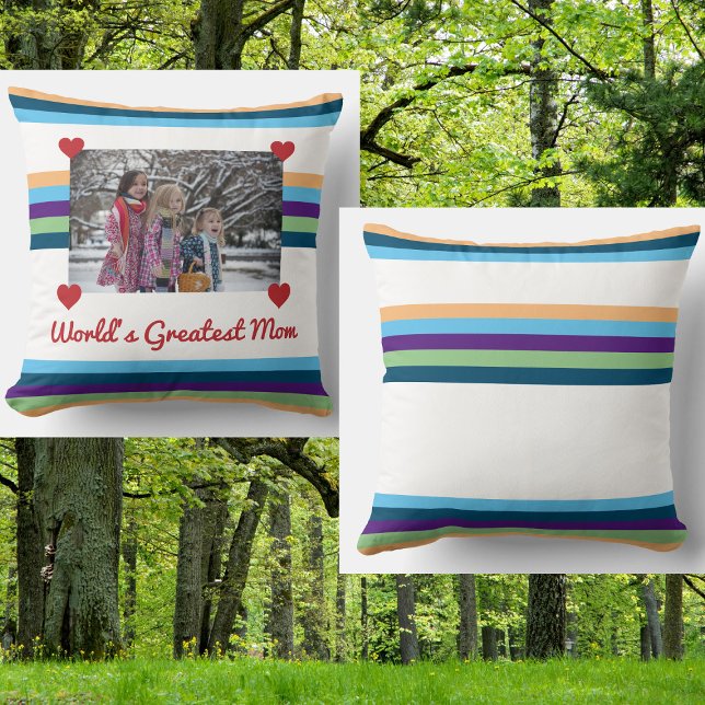 Coussin Meilleure Maman Amour Photo Couleur Bands Faire (World's Greatest Mom! Personalized pillow for Mother's Day w/ a photo help up by red hearts. Elegant)