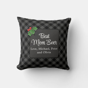 Coussin Meilleure maman de Noël classique gris Plaid Holly
