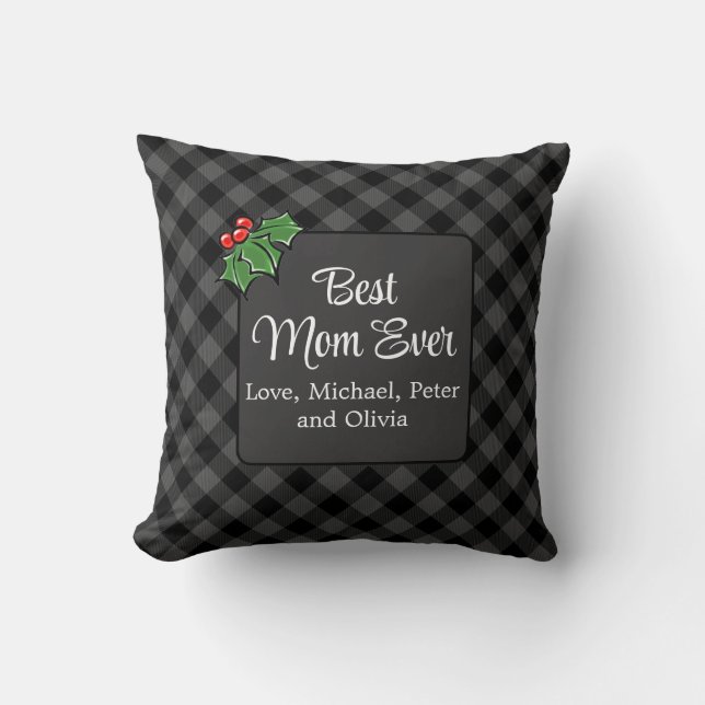 Coussin Meilleure maman de Noël classique gris Plaid Holly (Recto)