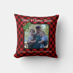 Coussin Meilleure maman de Noël classique Red Plaid Holly