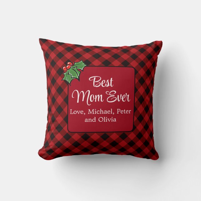 Coussin Meilleure maman de Noël classique Red Plaid Holly (Recto)
