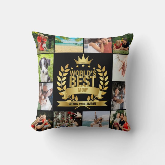 Coussin Meilleure Maman du Monde Mère Photo Collage Noir (Recto)