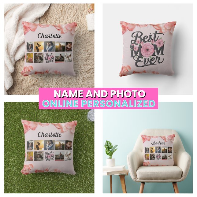 Coussin Meilleure Maman Florale Texte Collage de Photos de (Floral Best Mom Ever Script Mother's Photo Collage Throw Pillow)