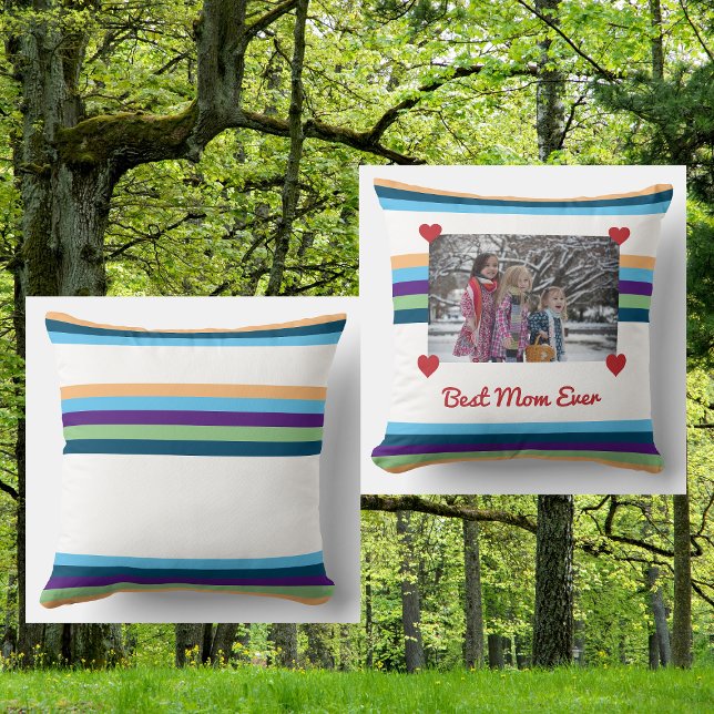 Coussin Meilleure maman jamais amour Photo Couleur Bands F (Best Mom Ever. Personalized photo pillow for Mother's Day with minimalist, modern color bands)