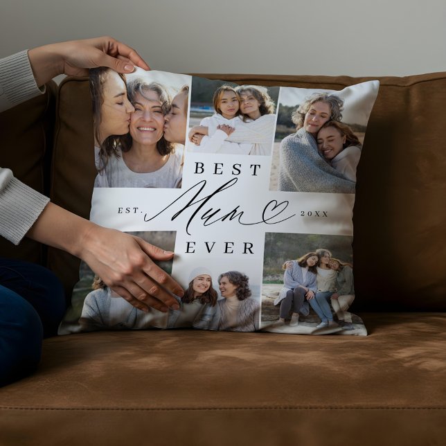 Coussin Meilleure maman Jamais Élégant Script Heart Photo  (Best Mum Ever Elegant Script Heart Photo Collage Throw Pillow)