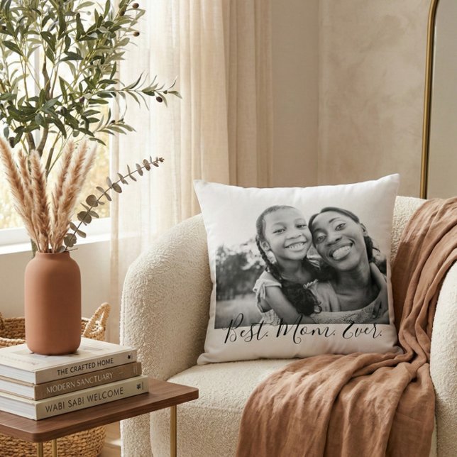 Coussin Meilleure maman jamais noir et blanc Script photo (Créateur téléchargé)