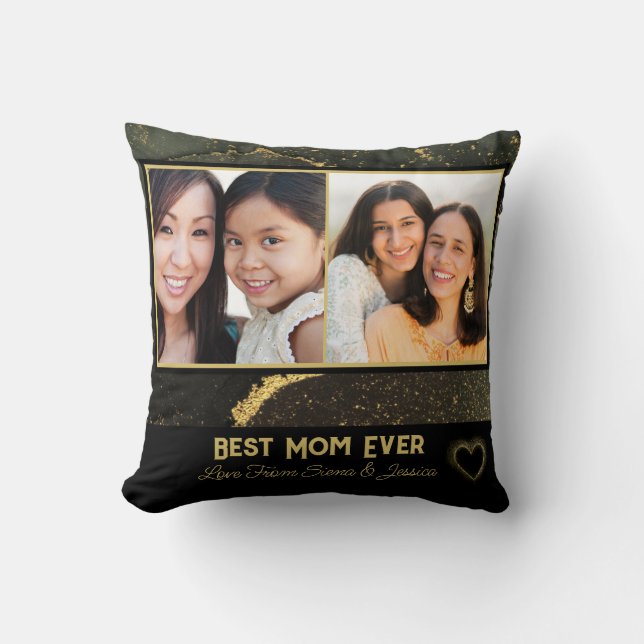 Coussin Meilleure maman jamais noir et or photo personnali (Recto)