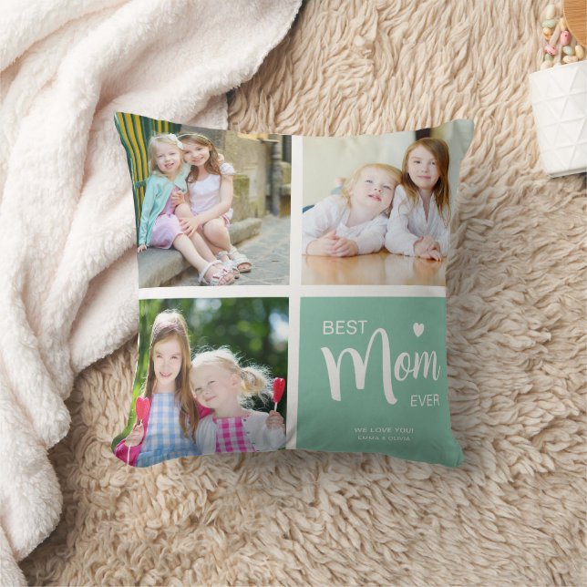Coussin Meilleure Maman Jamais Photo Collage Turquoise (Couverture)