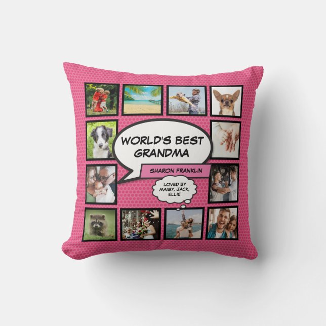 Coussin Meilleure Mamie du Monde Fun Rose Photo (Recto)